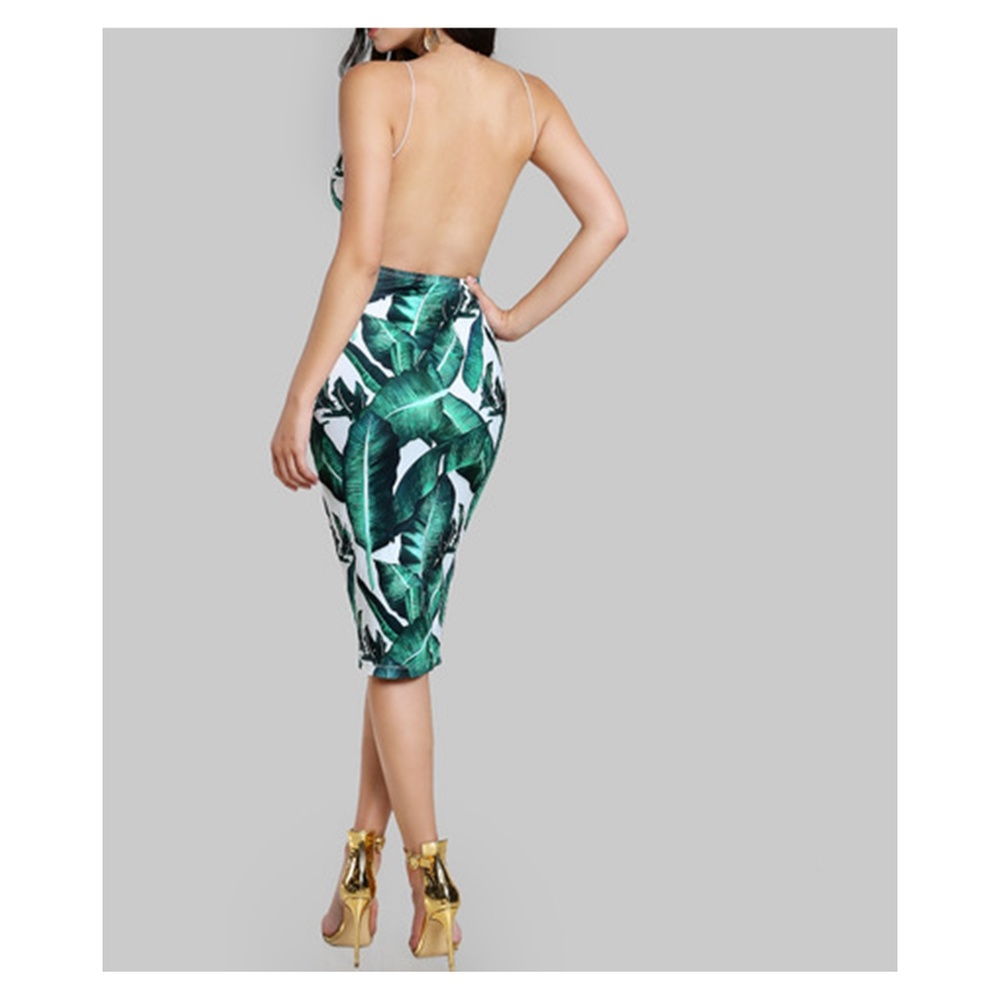 White Green Tropical Print Backless Midi Dress - Picture 3 of 8